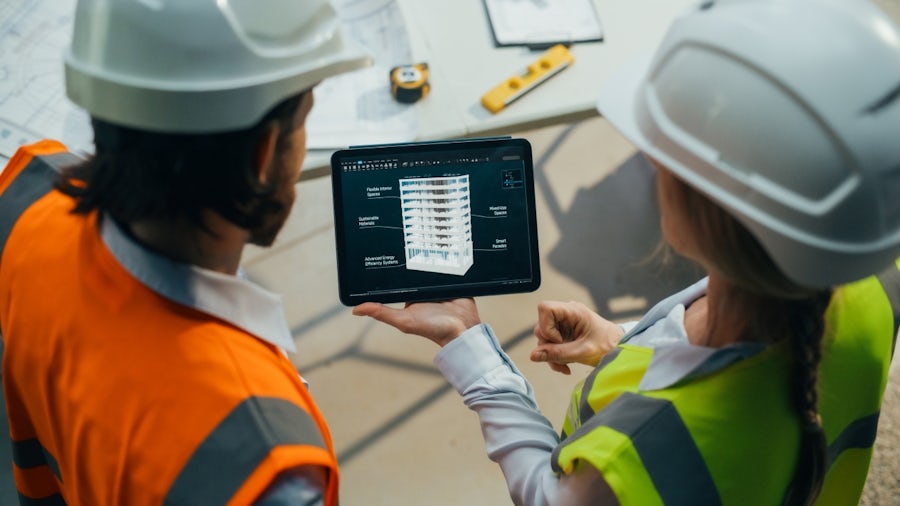 Two construction engineers review a digital building model on a tablet to streamline modular project planning and energy infrastructure delivery.