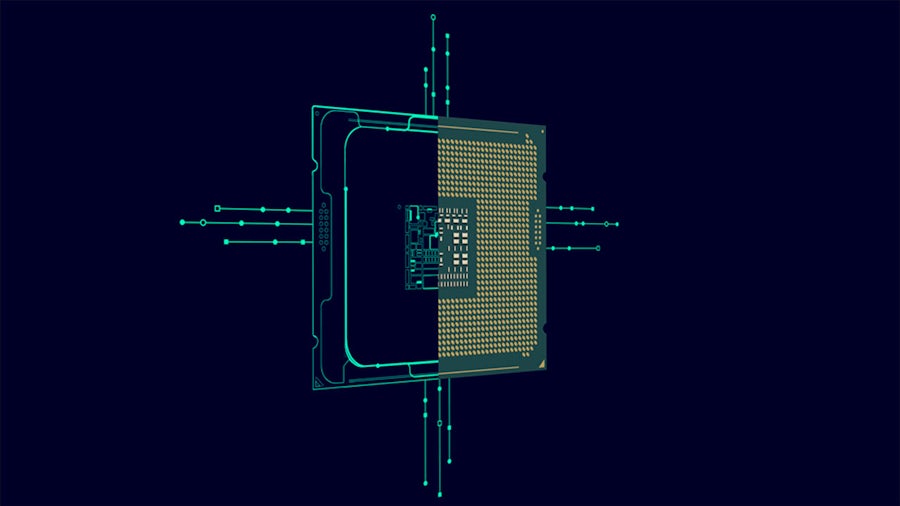 Image of an IC chip with half of it drawn as wireframe to indicate the concept of digital twin.