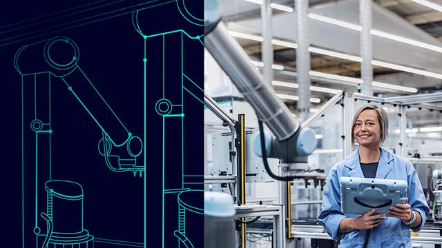 Split image showing Siemens Digital Twin concept—on the left, a digital illustration of a robotic arm, and on the right, a real-life factory setting with a smiling engineer holding a tablet and interacting with a physical robotic arm.