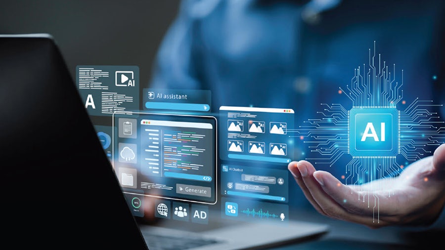 AI with floating monitor readouts