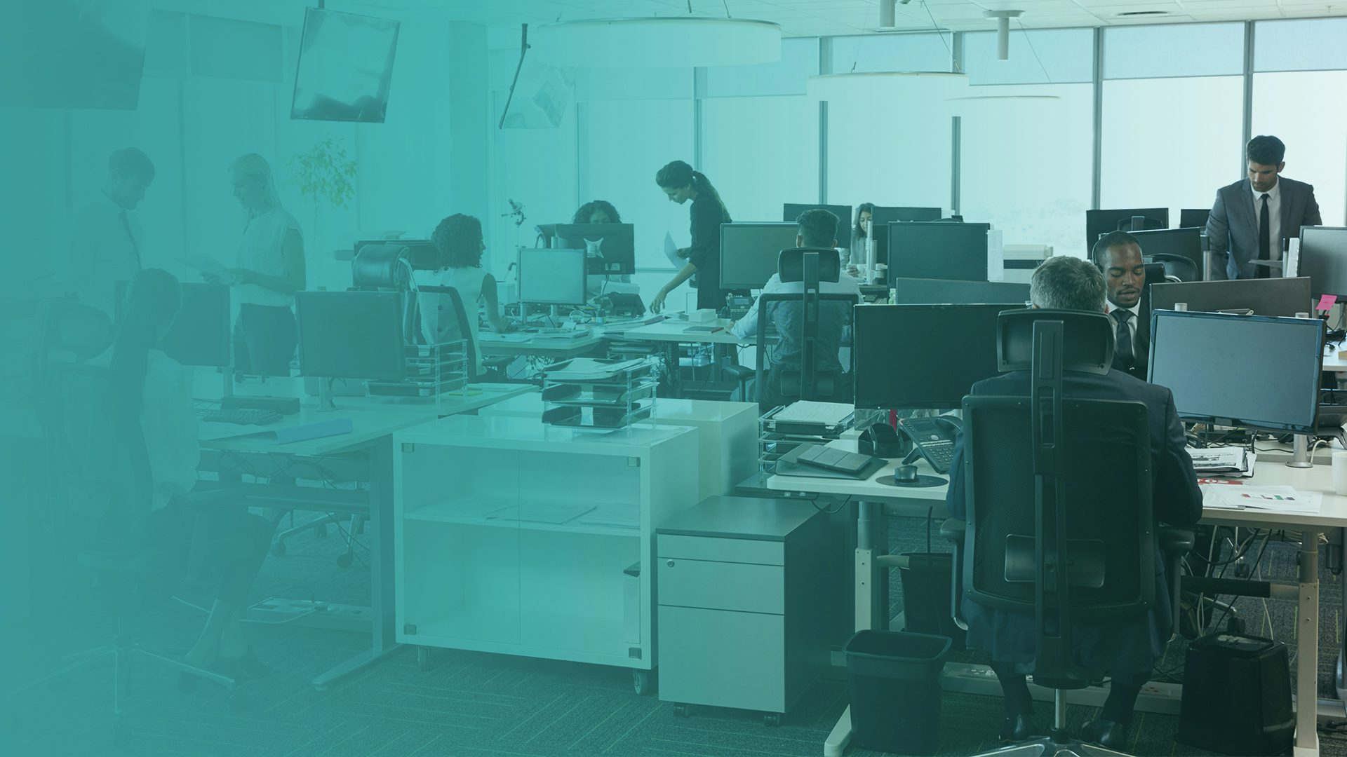 An office of people at desks, working at computers