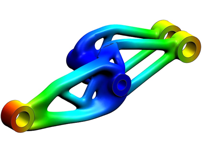 A printed part design color-coded after a strength simulation.