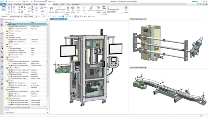 NX Mechatronic Concept Designer with system development, three windows show designs of machines and machine parts.