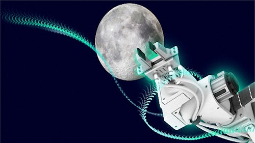 Un bras robotique cherchant à décrocher la lune.