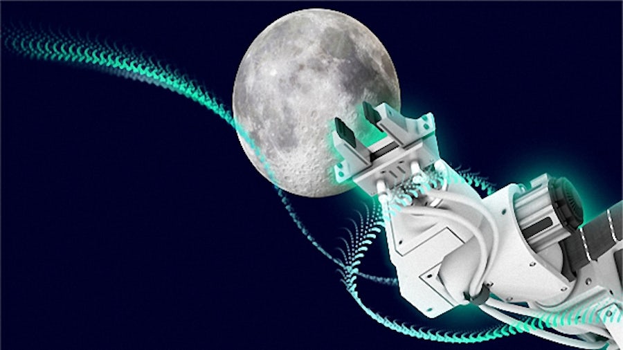 A robotic arm reaches for the moon.