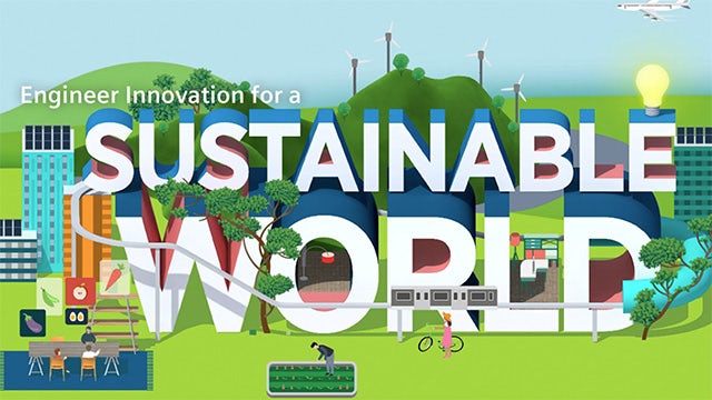 Buildings, a plane, and a car visual from the software represent a sustainable world.