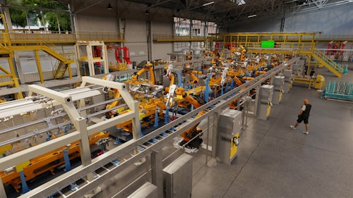 Image of a virtual automobile body assembly line in the industrial metaverse created using SIEMENS and NVIDIA software technology.