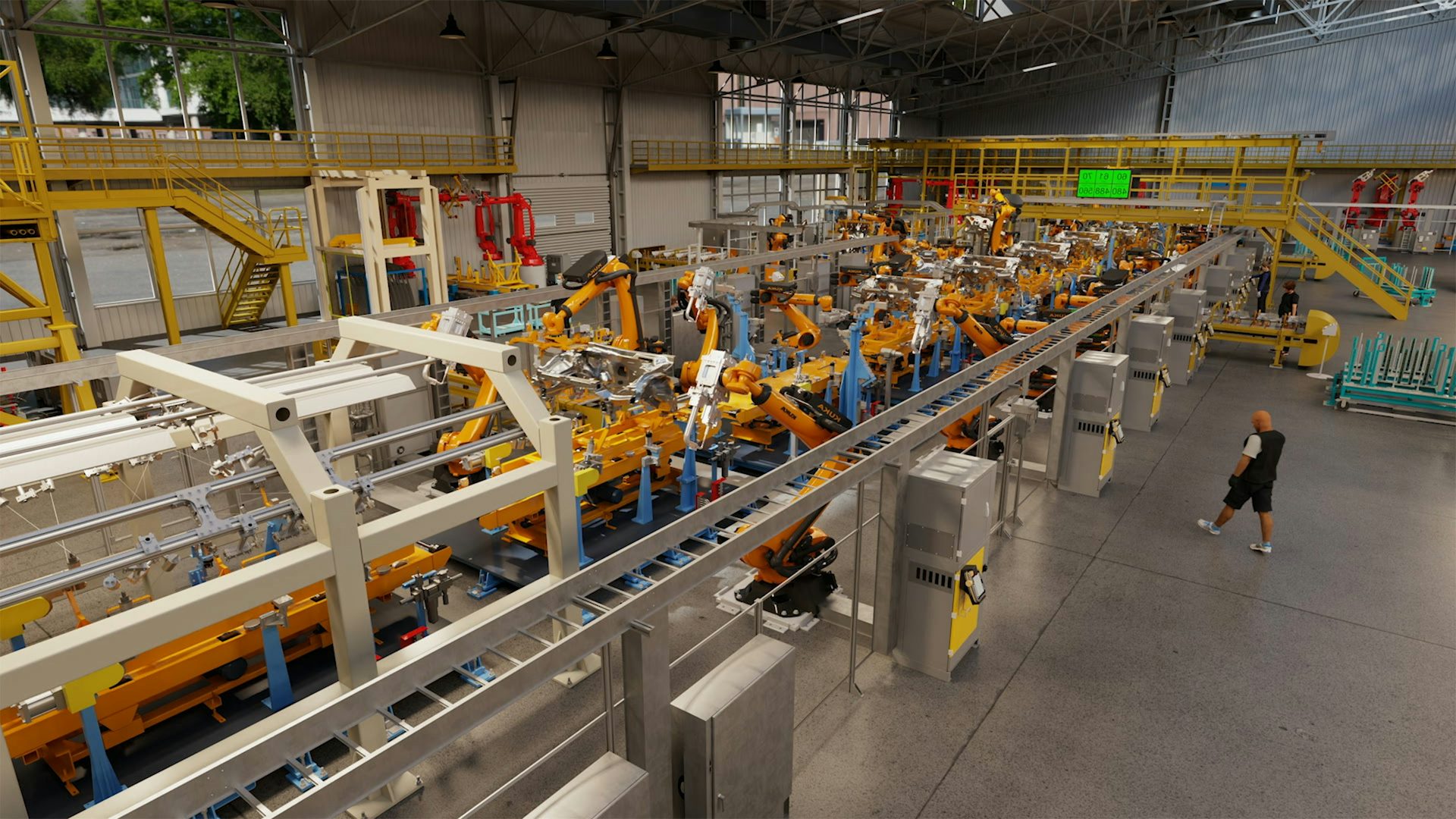 Photorealistic image rendering of a virtual automobile body assembly line created using Siemens and NVIDIA software technology.
