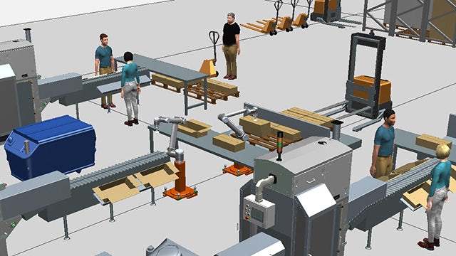 Robots, AGV, máquinas, transportadores y personas en un modelo de simulación en 3D del software Process Simulate.