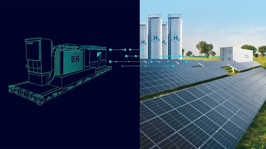 Digital-to-physical view of hydrogen production with solar panels and H2 tanks