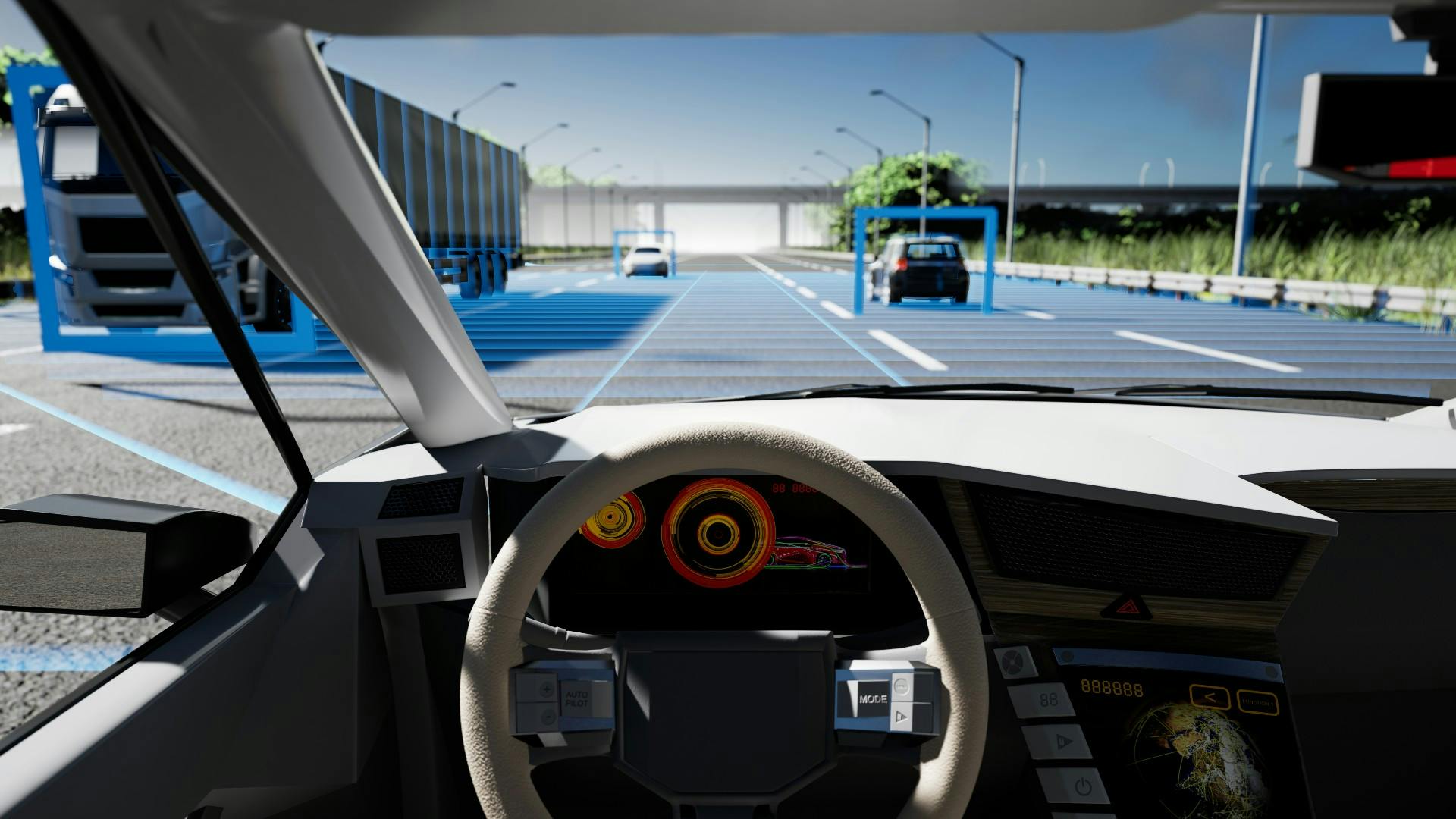 Interior view of an autonomous vehicle (AV) using perception sensing systems to evaluate the distance of other vehicles on the road.