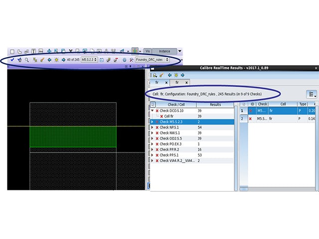 Calibre RealTime Custom screenshot of error display | The Calibre RealTime Custom interface enables a built-in error review toolbar in the design environment.