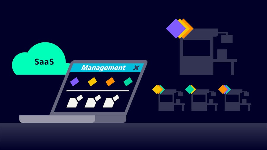 Animated graphic of a green cloud with the word SAAS inside of it next to a computer with a management software displaying which is managing the supply chain in the background.