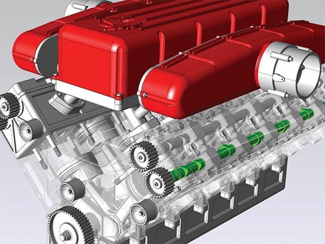 A 3D model of an engine is displayed in a Computer Aided Design system using the HOOPS Visualize  graphics engine.