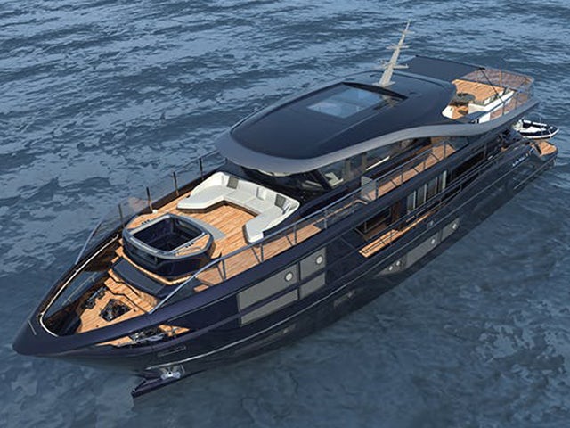 A high-definition NX rendering of a black yacht with light wood flooring on a blue ocean.