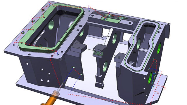 Image of machining toolpath displayed with part and tool in NX Machining Line Planner software.