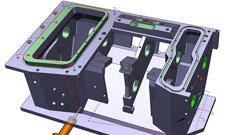 NX Machining Line Planner 소프트웨어에 부품 및 공구와 함께 표시된 가공 공구 경로의 이미지.