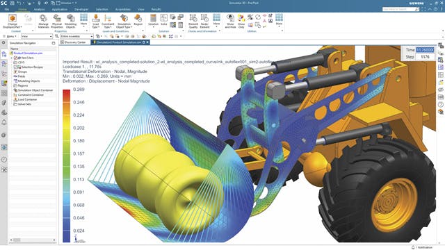 Immagini del software Simcenter 3D che rappresentano un modello di simulazione del progetto di un trattore.