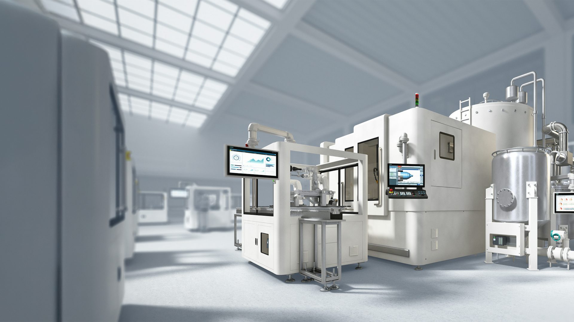 A Siemens factory floor featuring advanced machinery and software interfaces.