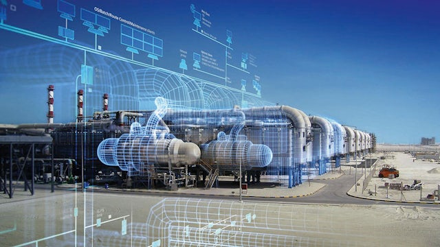 A digital illustration of a computer network is overlaid onto a manufacturing field of tanks and pipelines.