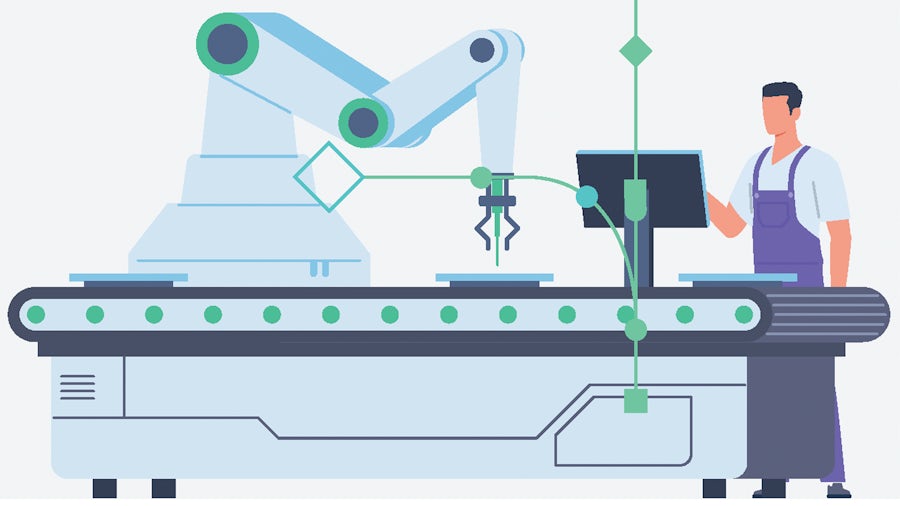Darstellung eines Ingenieurs, der an einem Computer arbeitet, der an eine Industriemaschine angeschlossen ist.
