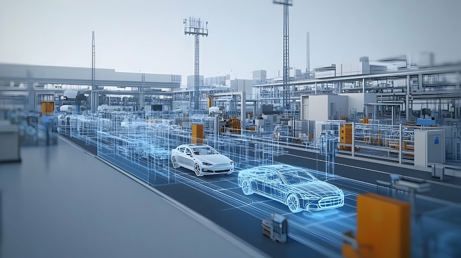 Futuristic Automotive Factory with Digital Vehicle Design Elements