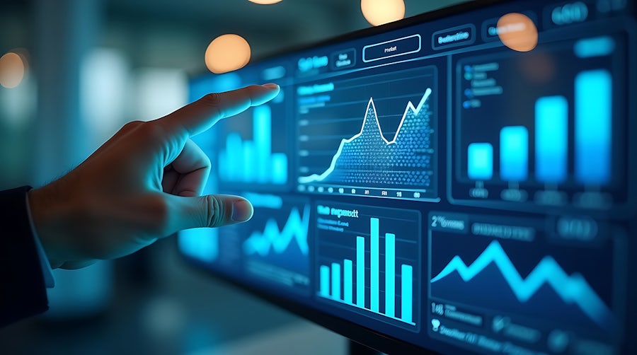 Holographic financial charts, expense reduction indicators, and productivity metrics glow in neon blue