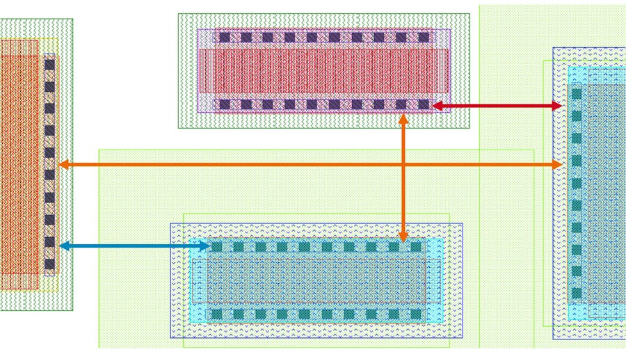 Diagram of layout with arrows identifying different voltages and spacings between devices