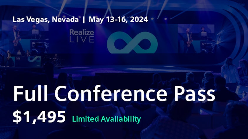 Background of an exciting keynote scene at Realize LIVE Americas displaying the 2024 early bird full conference pass for $1,495