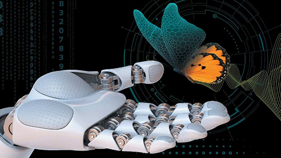 A robotic hand waits for a virtual butterfly to land on it. Multiphysics simulation predicts the movements.