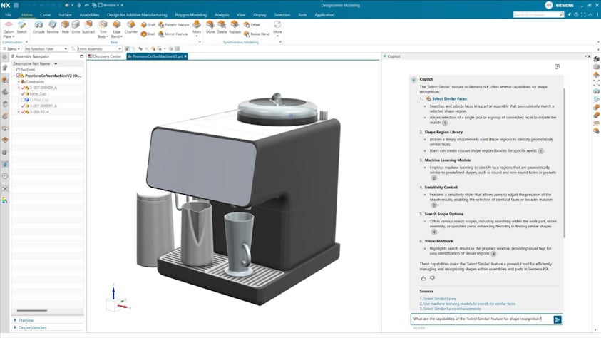 Designcenter (NX CAD) open to an early design of a coffee machine. The user has Design Copilot NX open and is asking what the capabilities are of the