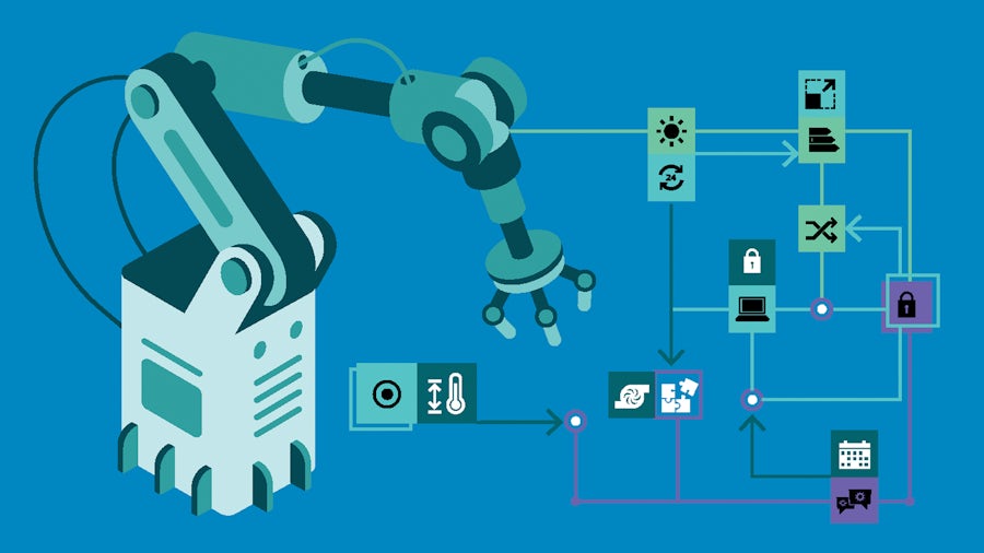 A graphic image of an industrial robotic arm with its different parts and components itemized and highlighted to the side.