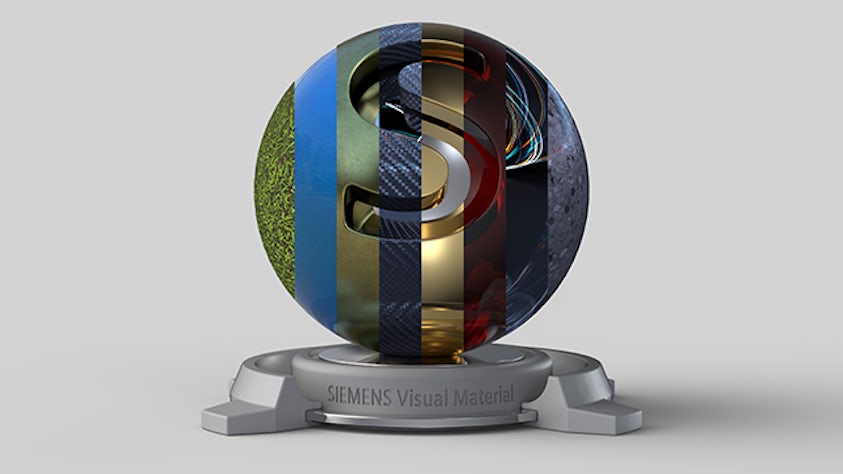 A rendering in NX CAD of an orb with multiple visual materials patterns across it and a label that says 