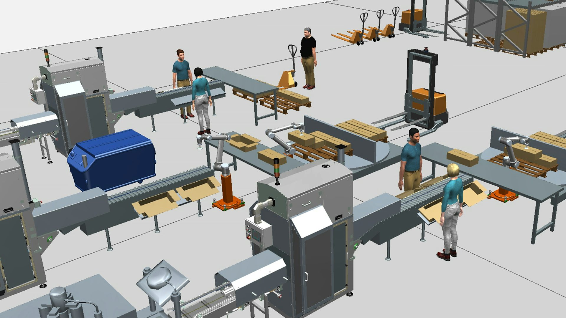 Robots, AGVs, machines, conveyors and people in a Process Simulate software 3D simulation model.