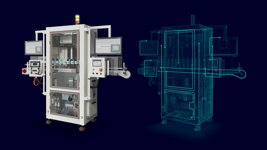A beverage bottling machine and its digital twin.