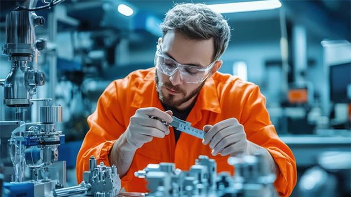 Image of a man in an orange lab coat holding a measuring device while examining equipment. This image is meant to convey the concept of AI-driven statistical control.