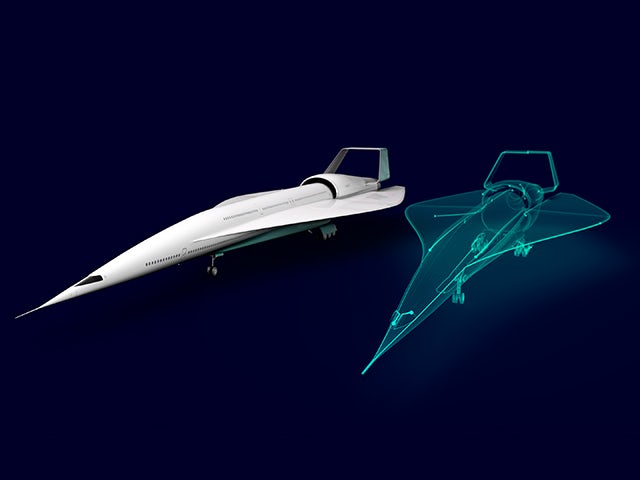 A white supersonic jet with a blue "digital twin" outline of the jet on the right side.