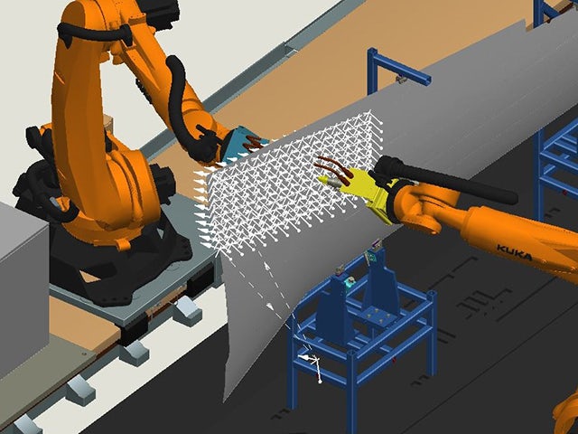 Robotik-3D-Bahnplanungs- und Simulationsmodell in der Process Simulate-Software.