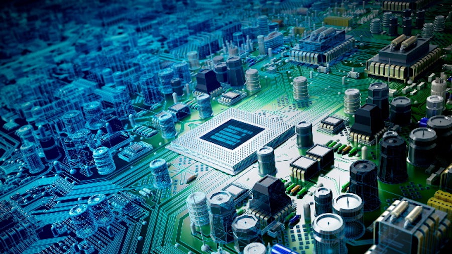 Digital image of integrated circuit (IC) on printed circuit board (PCB) with wireframing
