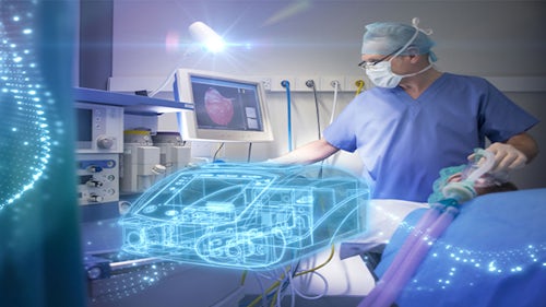 Medizinisches Fachpersonal in Arbeitskleidung, das einen Patienten in einem Operationssaal mithilfe einer digitalen Darstellung eines Beatmungsgeräts versorgt