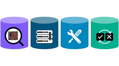 Four differently colored pillars in a row, each with an icon representing its core functionality: verification optimization, execution optimization, debug optimization, and correction optimization.