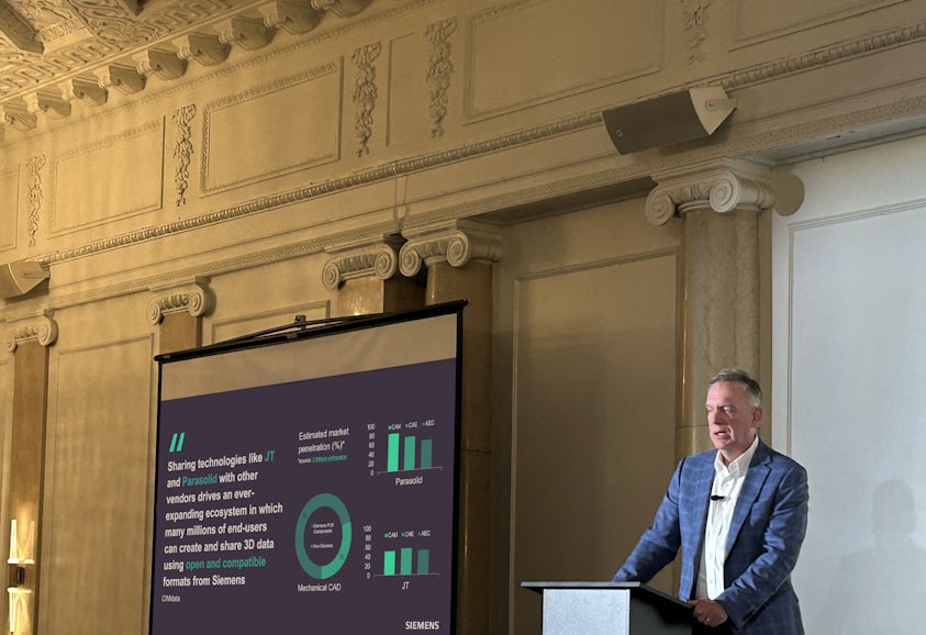 Tony Hemmelgarn, President and CEO of Siemens Digital Industries Software, delivers the keynote session at the 2024 PLM Components Innovation Conference