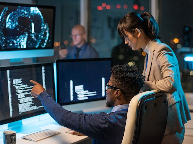Two engineers debugging a software design.