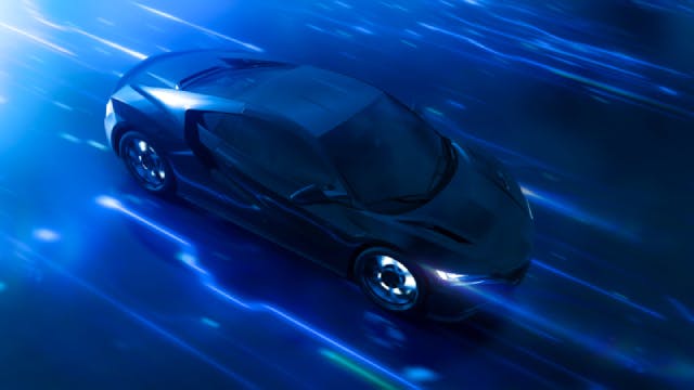 Image of a car that contains an ECU with embedded automotive software driving on a blue background.