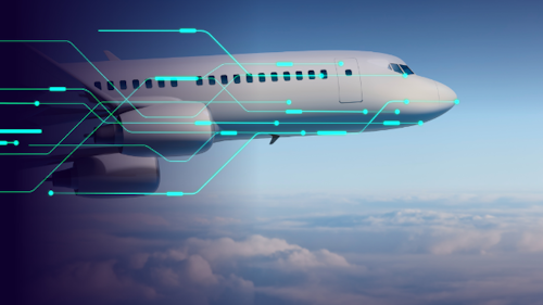 A plane flies above the clouds with digital lines trailing from various parts indicating the digital approach to airworthiness certification