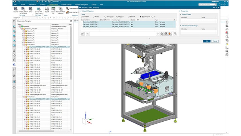 Obrázek návrhu skříně robotického zařízení v softwaru pro průmyslový elektrický návrh v řešení NX.
