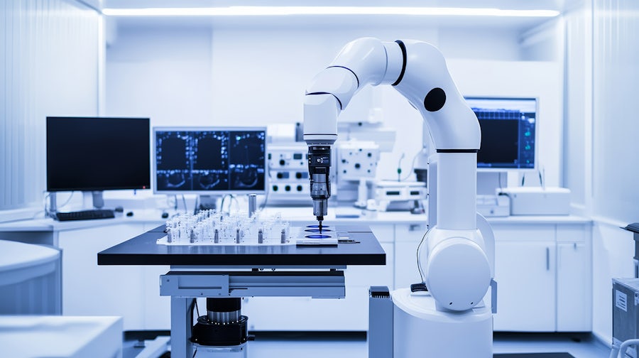 A robotic system managing automated testing of advanced medical imaging devices in a clean, sophisticated medical equipment lab