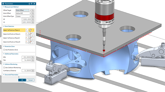 Modul On-Machine Probing v řešení NX CAM zobrazující CNC sondu, která snímá povrch obráběného dílu za účelem přesného zarovnání obrobku
