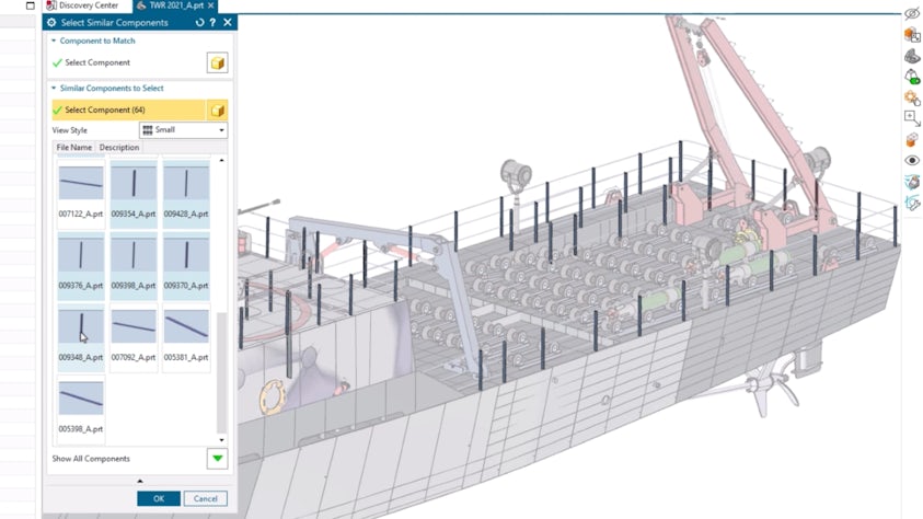 Design of a large ship open in Designcenter NX CAD. Select Similar Components command box is open and the user is scrolling through a list of similar components to select that were not automatically selected. They have selected 64 similar components.