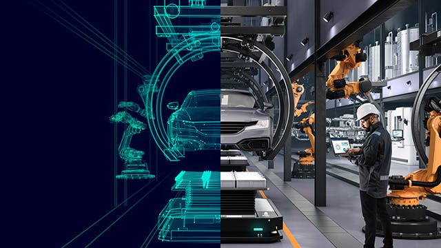 Split image showing digital twin simulation in blue wireframe on left and actual automotive production facility with robotic arms and operator monitoring process on tablet on right.